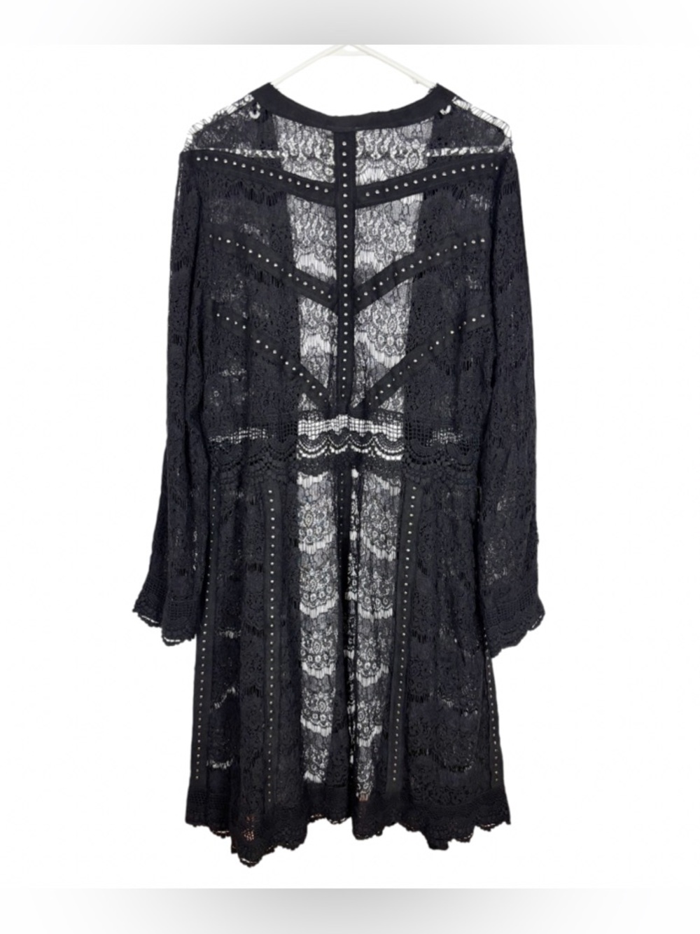 Vocal Cardigan Duster Size XL Crochet Lace Studded Suede Whimsigoth Witchy Black - Picture 2 of 6